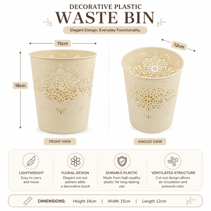 Ivory Floral Cut-Out Plastic Waste Bin – Ventilated Desktop Basket – 18x15cm