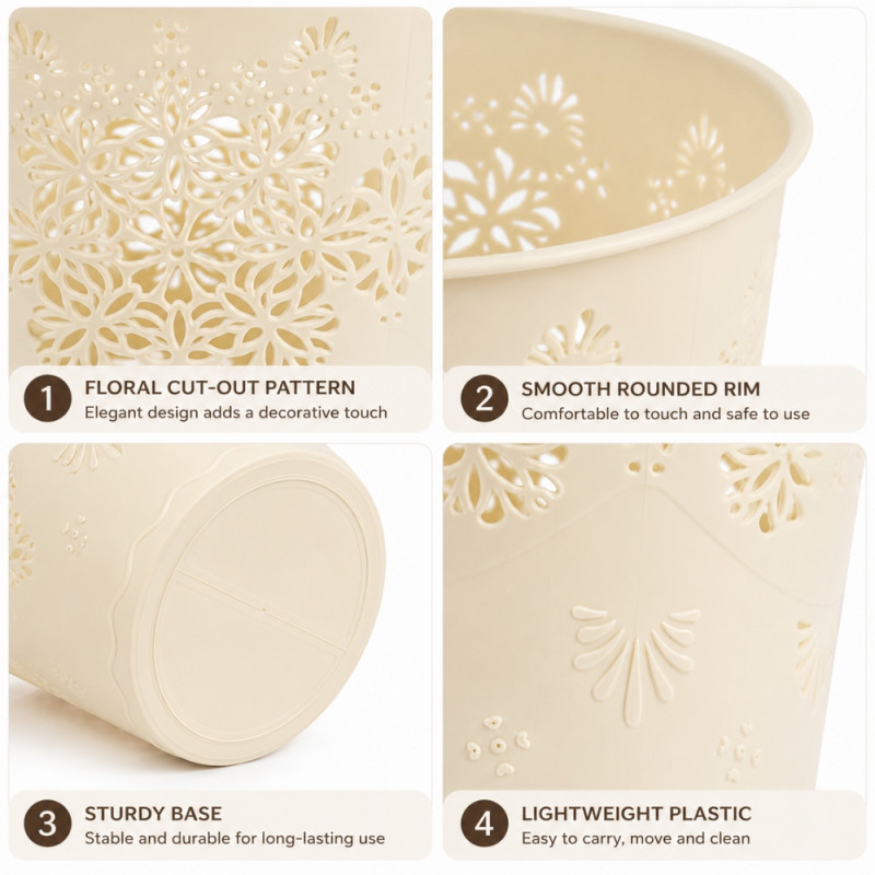 Ivory Floral Cut-Out Plastic Waste Bin – Ventilated Desktop Basket – 18x15cm