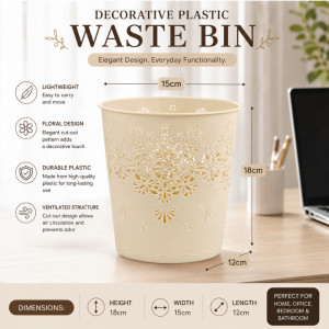Ivory Floral Cut-Out Plastic Waste Bin – Ventilated Desktop Basket – 18x15cm