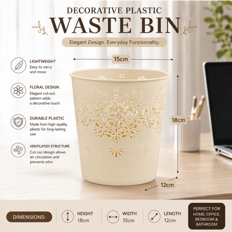 Ivory Floral Cut-Out Plastic Waste Bin – Ventilated Desktop Basket – 18x15cm
