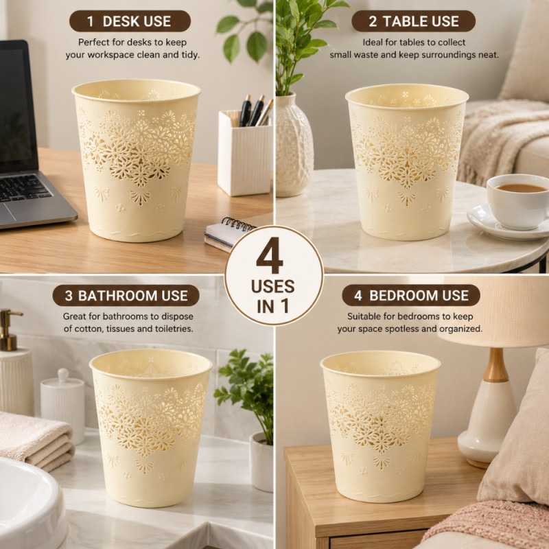 Ivory Floral Cut-Out Plastic Waste Bin – Ventilated Desktop Basket – 18x15cm