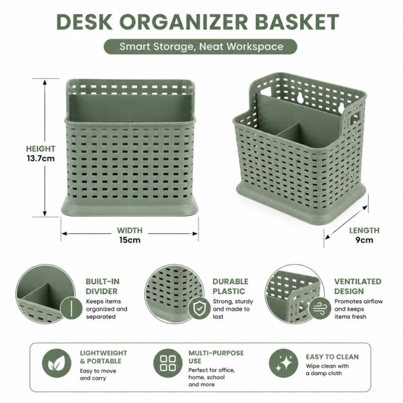 Desktop Stationery Storage Basket with Divider – Gray Green – 13.7x15x9cm