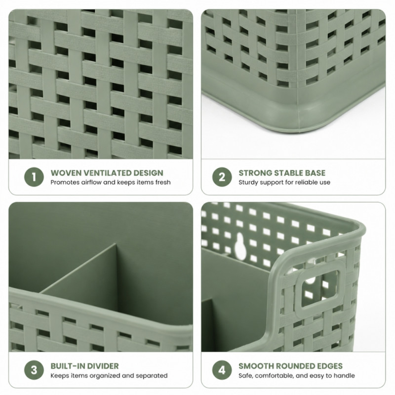 Desktop Stationery Storage Basket with Divider – Gray Green – 13.7x15x9cm