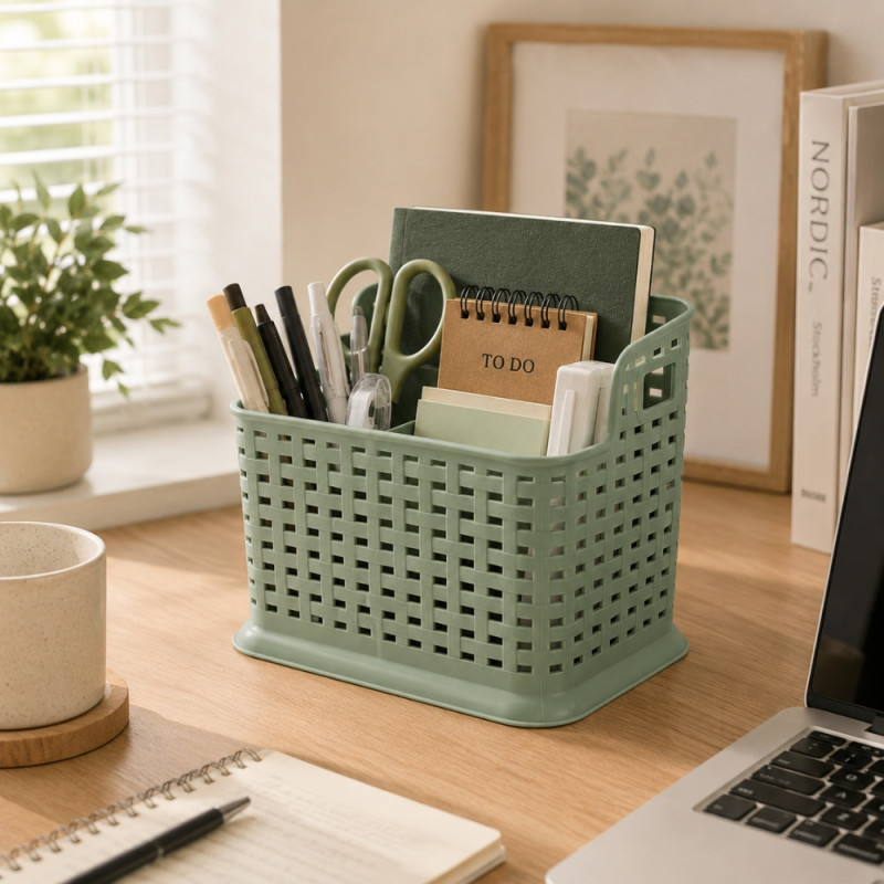 Desktop Stationery Storage Basket with Divider – Gray Green – 13.7x15x9cm