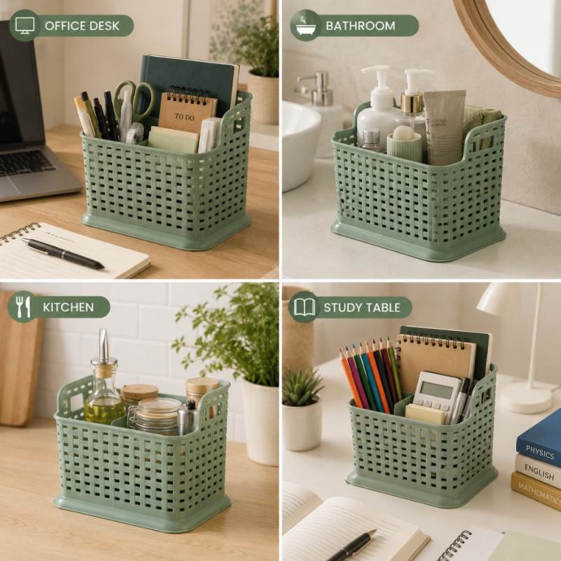 Desktop Stationery Storage Basket with Divider – Gray Green – 13.7x15x9cm