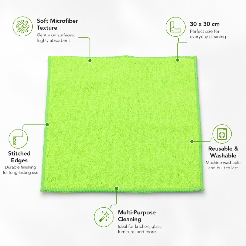 Streak-Free Lime Green Microfiber Cleaning Cloth (30x30cm)