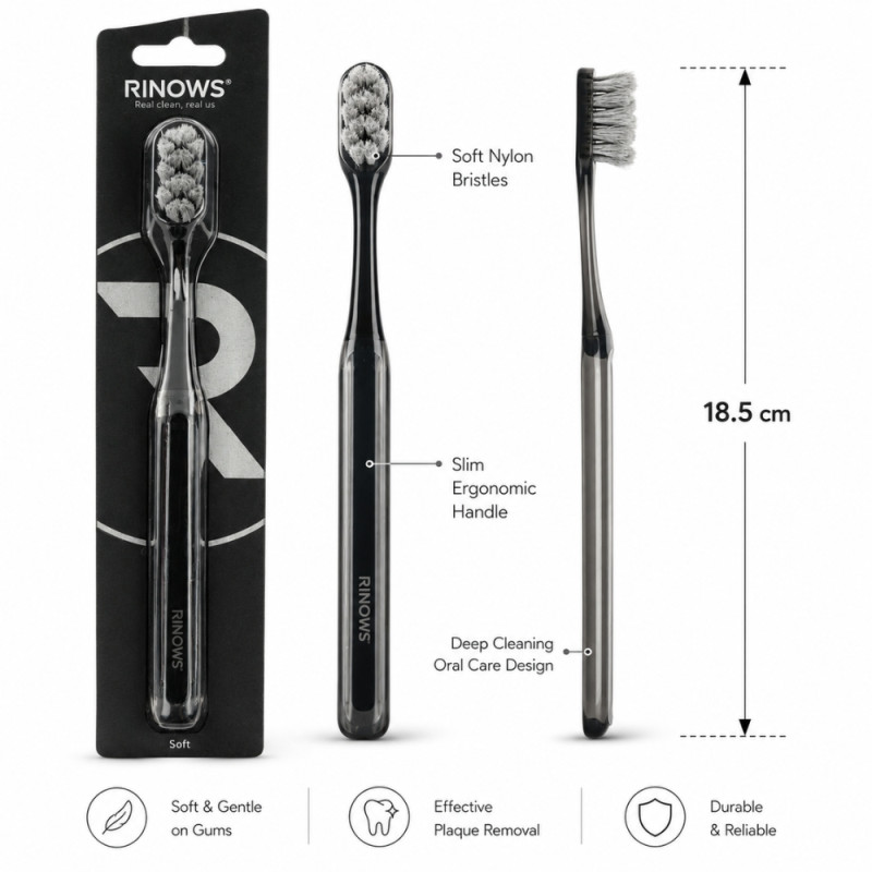 Raw Rinows soft toothbrush in black, designed to provide gentle and effective oral care – Black (18.5cm)