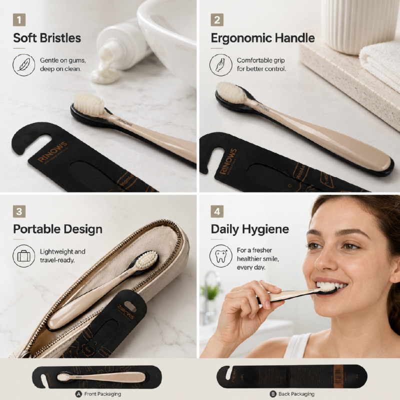 RINOWS Canadian-Designed Manual Toothbrush – Soft Bristles – 15 cm – Beige