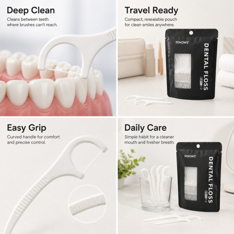 Rinows Dental Floss Kit with Resealable Pouch – 60-Count – White