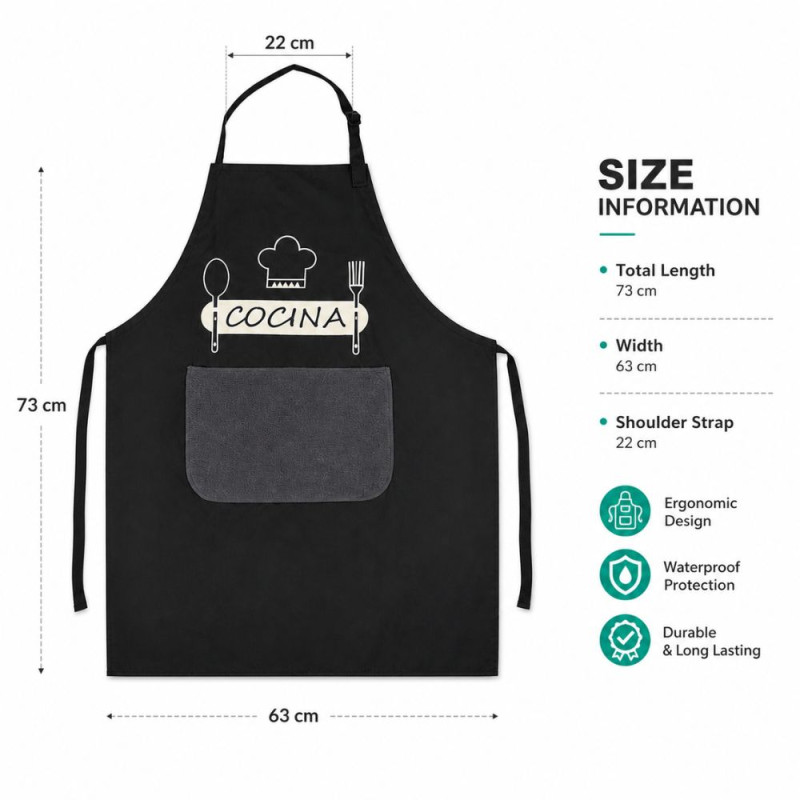 Waterproof Professional Chef Apron with Front Pocket – Black (73x63cm)