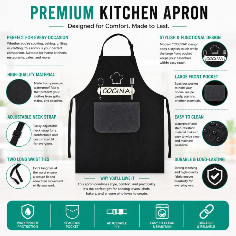 Waterproof Professional Chef Apron with Front Pocket – Black (73x63cm)
