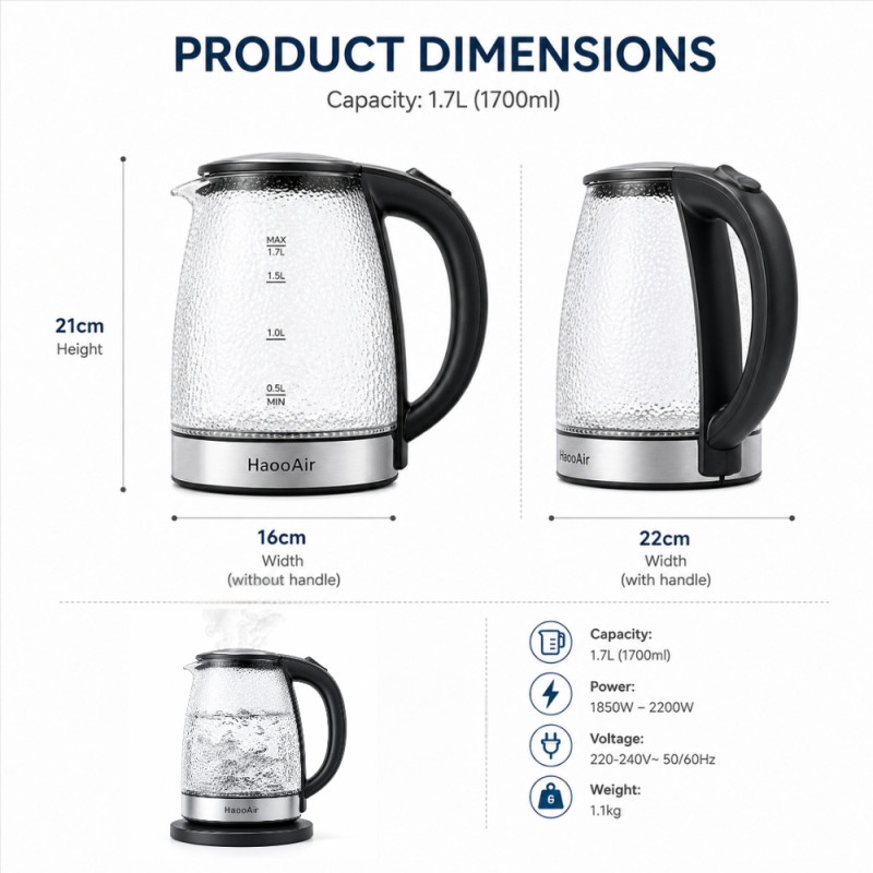 Professional Haooair 1.8L Glass Electric Kettle – Blue LED Illumination (21cm)