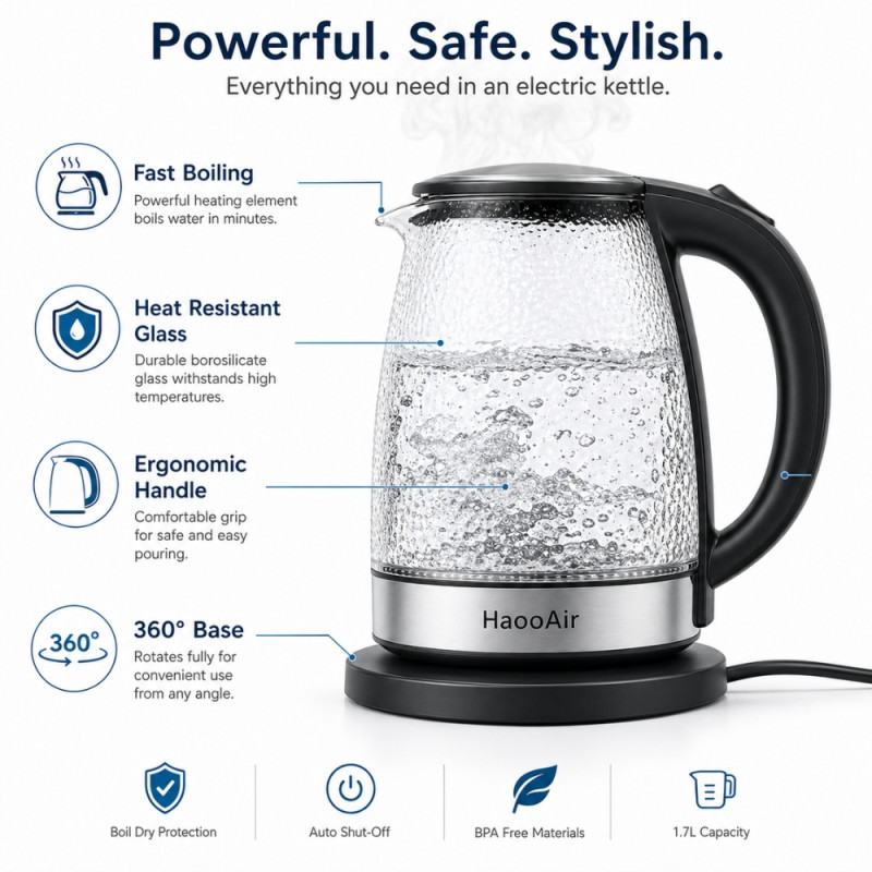 Professional Haooair 1.8L Glass Electric Kettle – Blue LED Illumination (21cm)