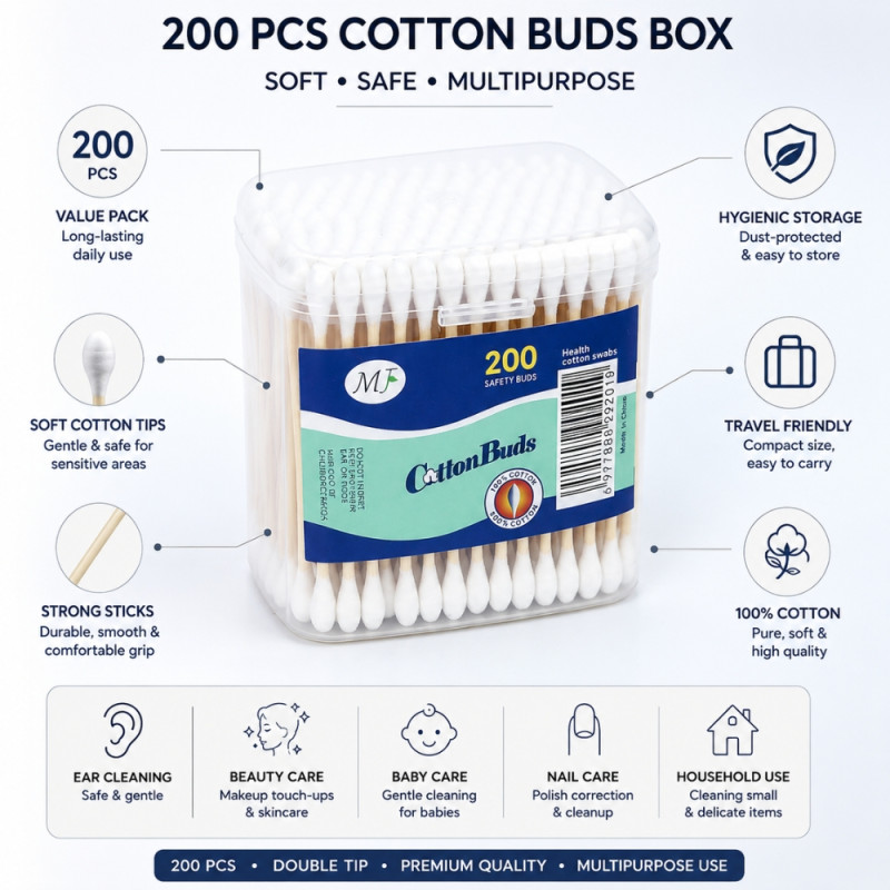 Playful 200-count rectangle cotton buds in a clear storage box – Light Brown & White (8cm)