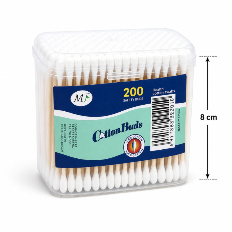 Playful 200-count rectangle cotton buds in a clear storage box – Light Brown & White (8cm)