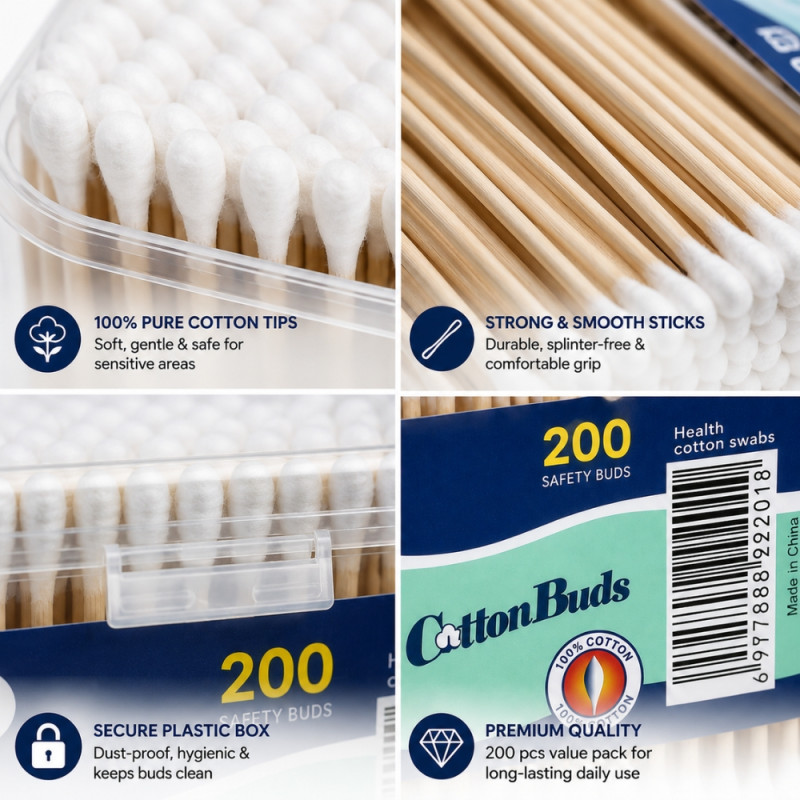 Playful 200-count rectangle cotton buds in a clear storage box – Light Brown & White (8cm)