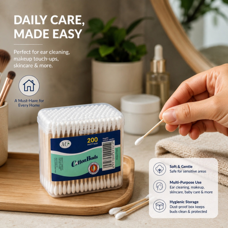 Playful 200-count rectangle cotton buds in a clear storage box – Light Brown & White (8cm)