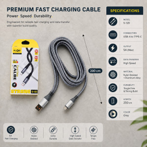 Ash Grey Charging Cable Designed for Seamless Device Connectivity – Grey (L-200 CM)