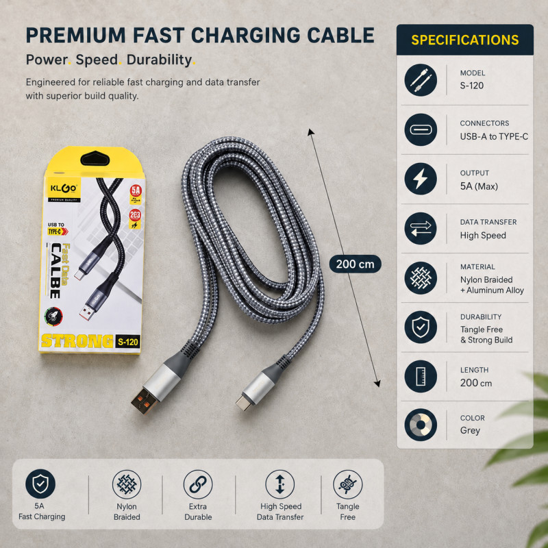 Ash Grey Charging Cable Designed for Seamless Device Connectivity – Grey (L-200 CM)