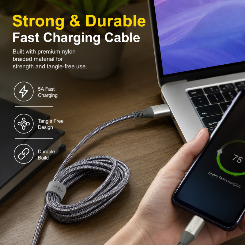 Ash Grey Charging Cable Designed for Seamless Device Connectivity – Grey (L-200 CM)