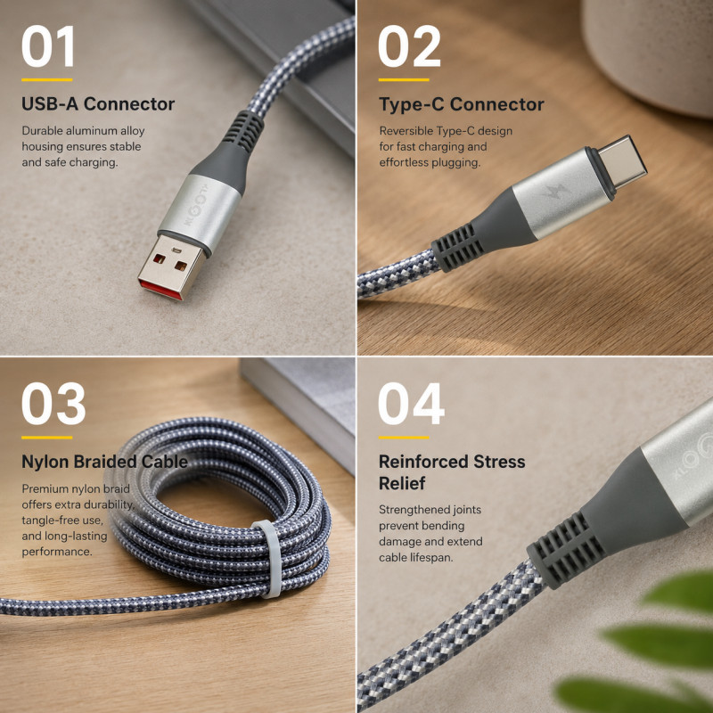 Ash Grey Charging Cable Designed for Seamless Device Connectivity – Grey (L-200 CM)