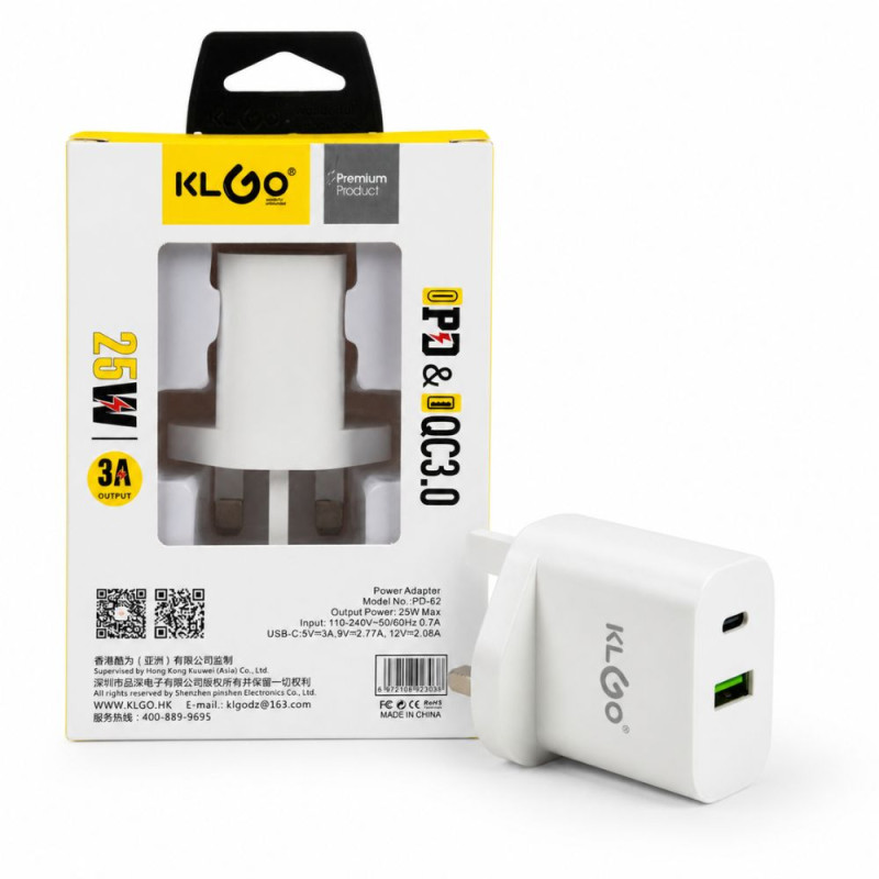 KLGO 25W Dual Port Wall Charger – USB-C & USB-A – White (6x4cm)