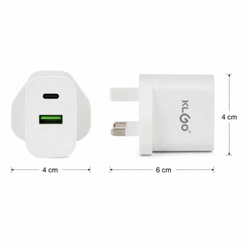 KLGO 25W Dual Port Wall Charger – USB-C & USB-A – White (6x4cm)