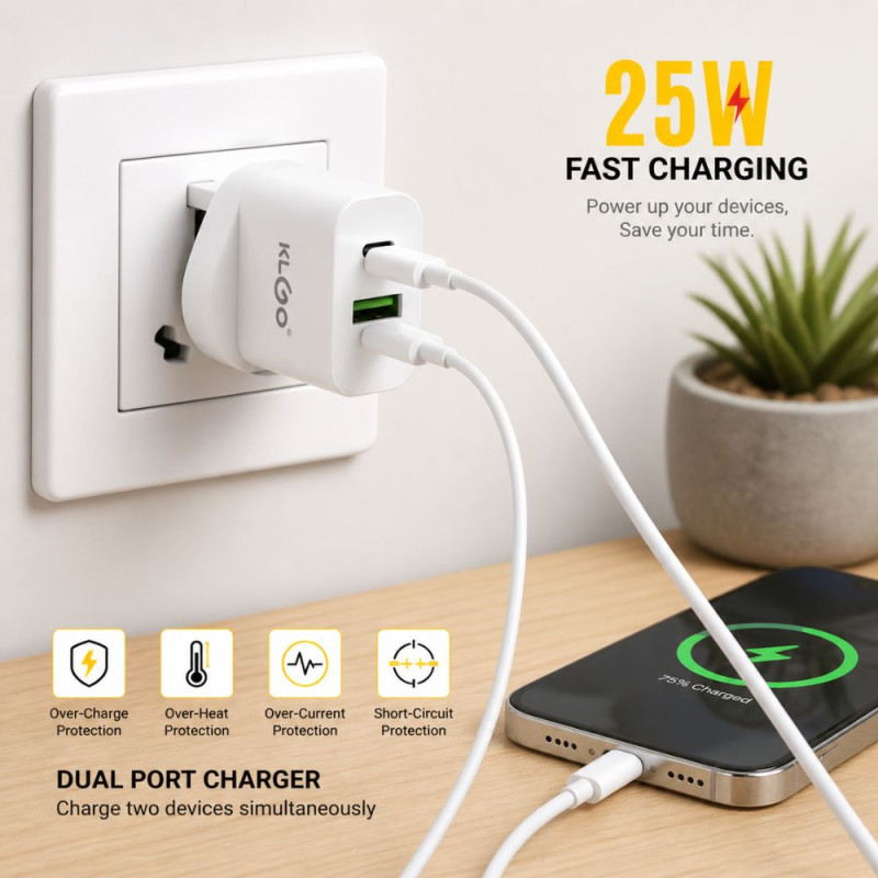 KLGO 25W Dual Port Wall Charger – USB-C & USB-A – White (6x4cm)