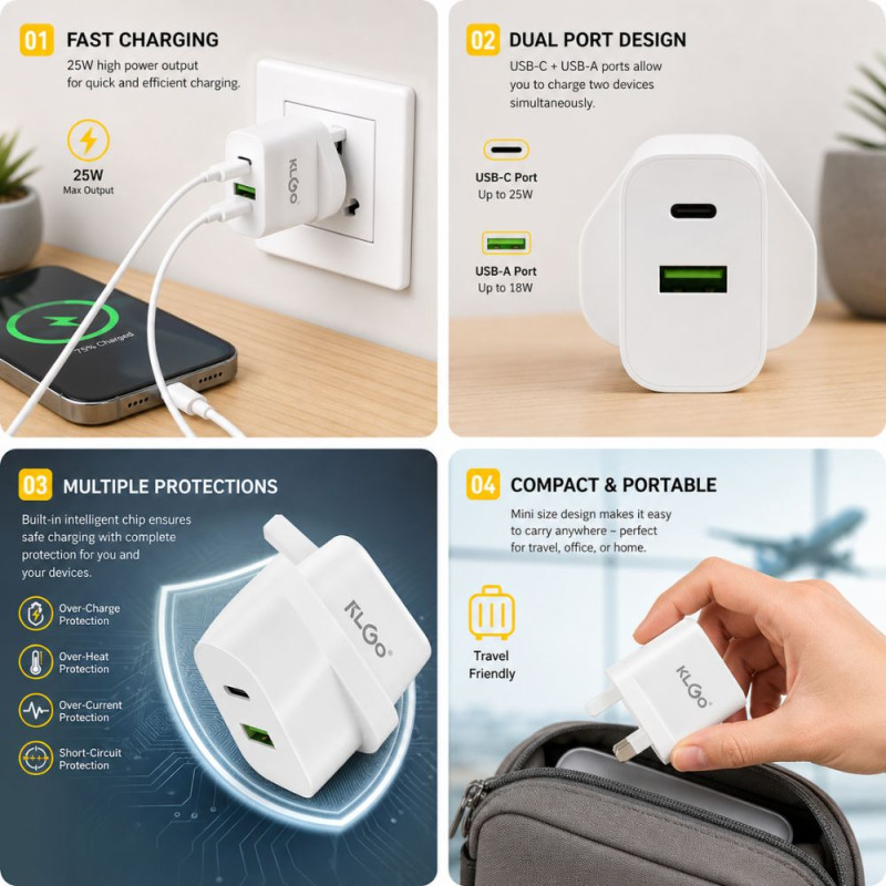 KLGO 25W Dual Port Wall Charger – USB-C & USB-A – White (6x4cm)