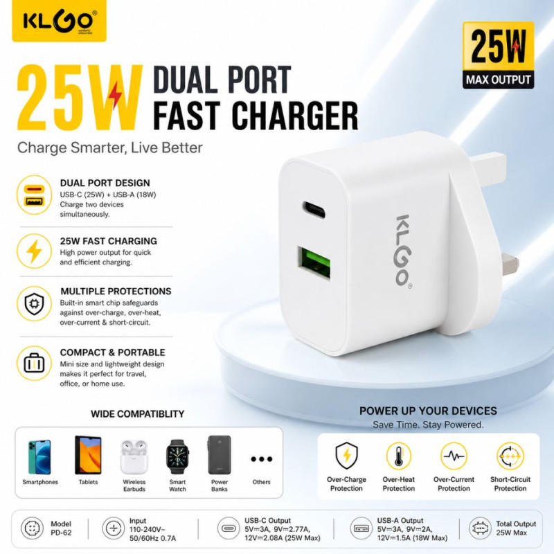KLGO 25W Dual Port Wall Charger – USB-C & USB-A – White (6x4cm)