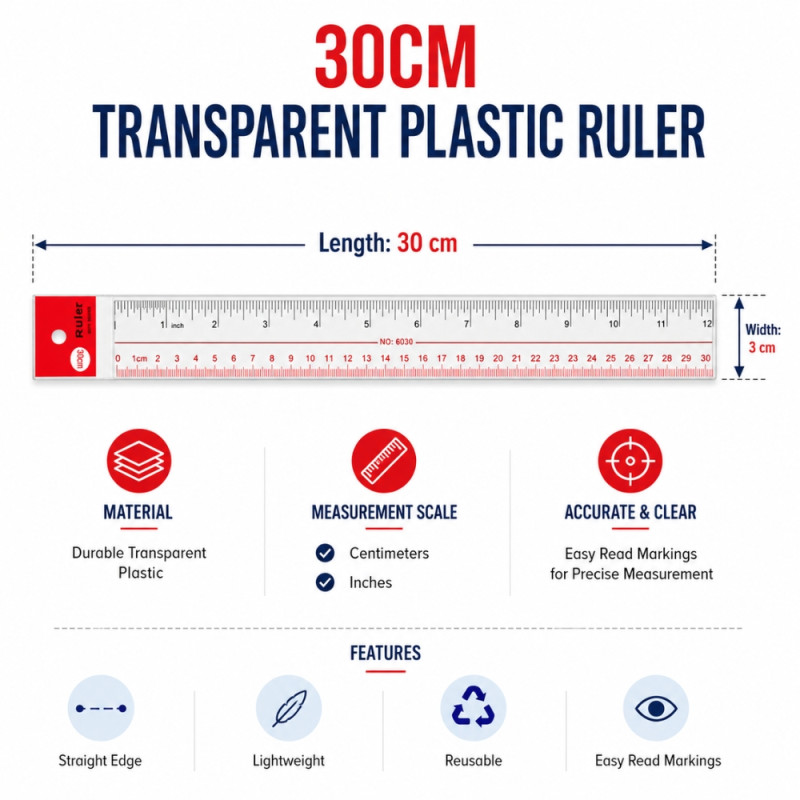 Transparent Plastic Ruler – Assorted Colors (38cm)