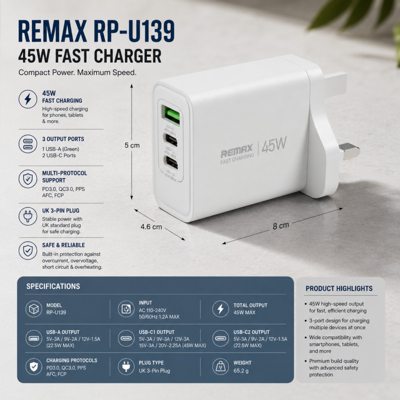 Smart Joy Mobile Charger Designed for Fast & Reliable Power Solutions – White (H-5, W-8, D-4.6 CM)