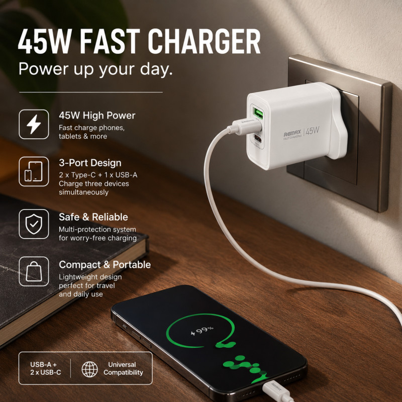 Smart Joy Mobile Charger Designed for Fast & Reliable Power Solutions – White (H-5, W-8, D-4.6 CM)