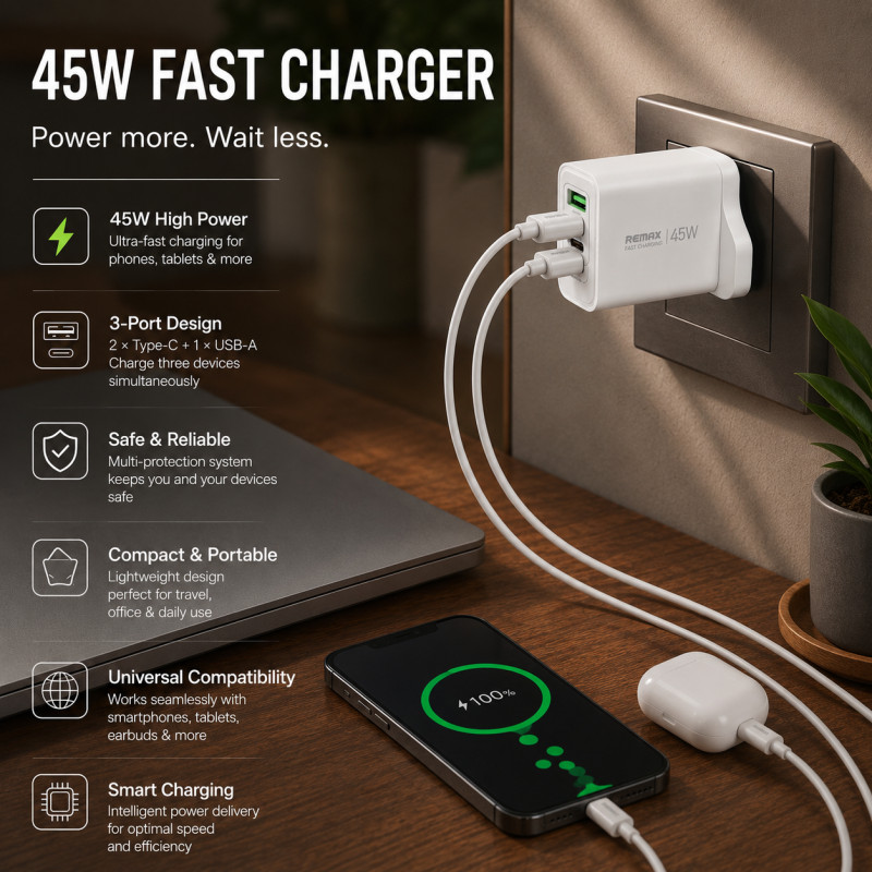 Smart Joy Mobile Charger Designed for Fast & Reliable Power Solutions – White (H-5, W-8, D-4.6 CM)