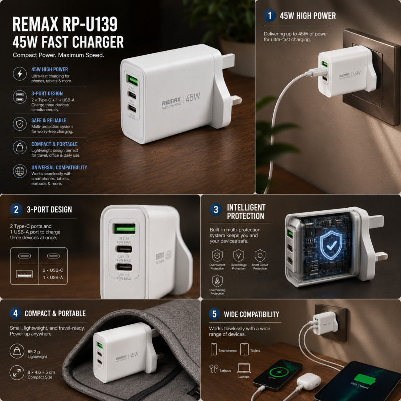 Smart Joy Mobile Charger Designed for Fast & Reliable Power Solutions – White (H-5, W-8, D-4.6 CM)