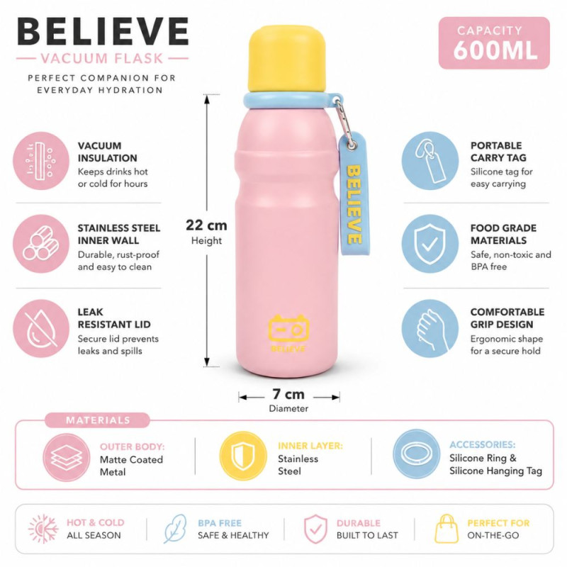 Stylish vacuum flask – Pink Premium Quality (22 x 7 cm)