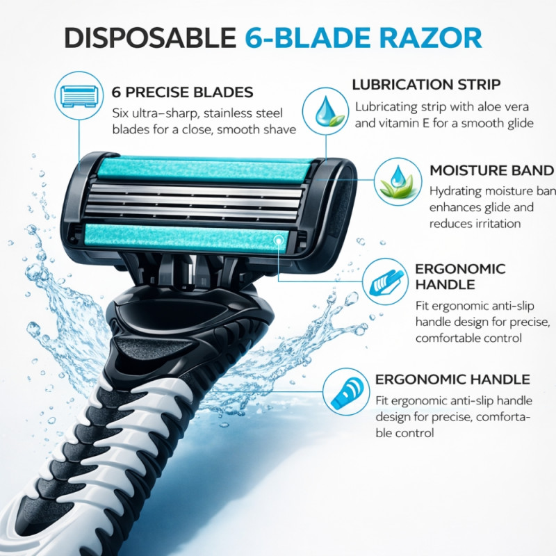 Precision 6-Blade Disposable Razor Set – Cyan Blue (3-Pack)