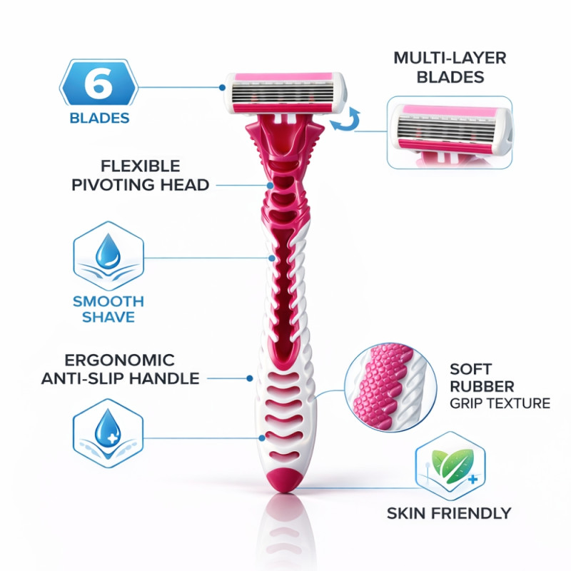 Luxury Women’s 6-Blade Disposable Razor Set – Dark Pink (3-Pack)