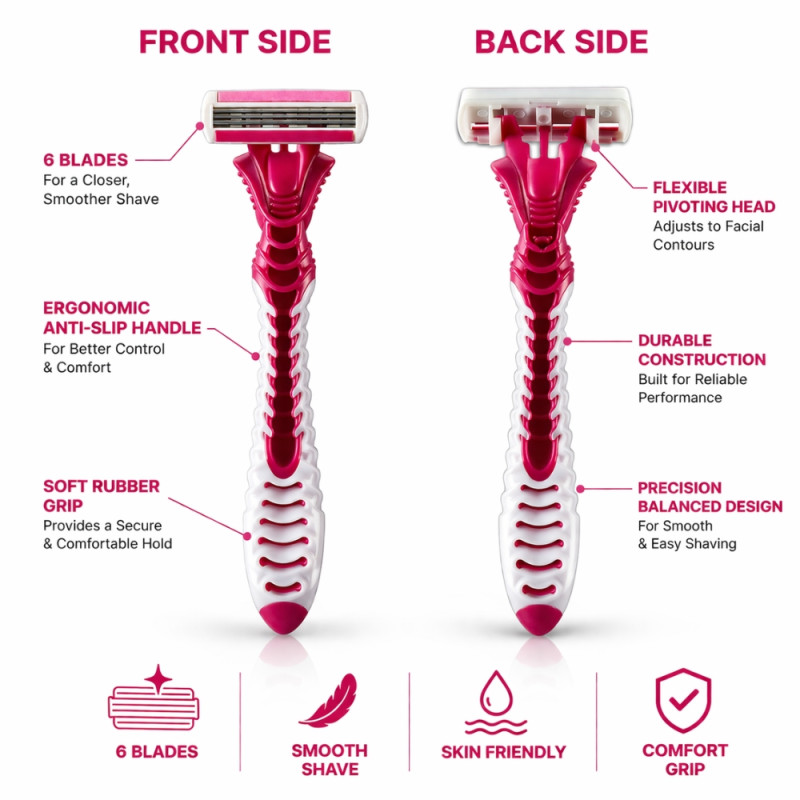 Luxury Women’s 6-Blade Disposable Razor Set – Dark Pink (3-Pack)