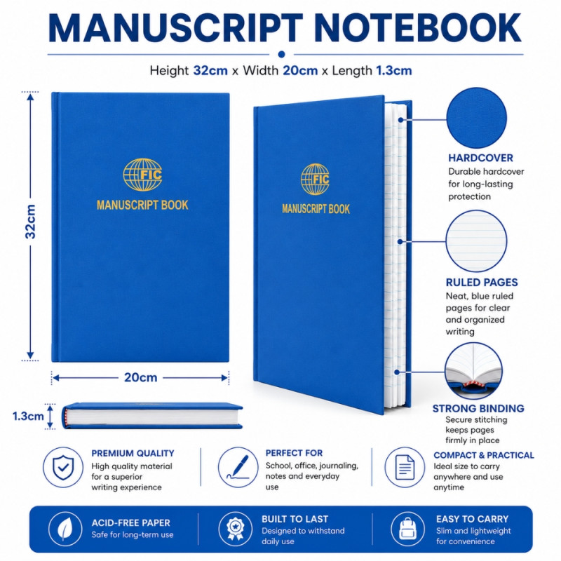 Professional Blue Hardcover Manuscript Notebook – Durable Long-Term Journal – 32x20x1.3cm