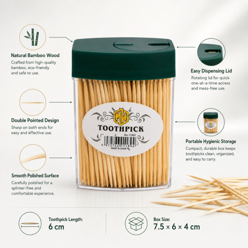 Premium Double-Sided Bamboo Toothpicks | Eco-Friendly & Hygienic Dispenser