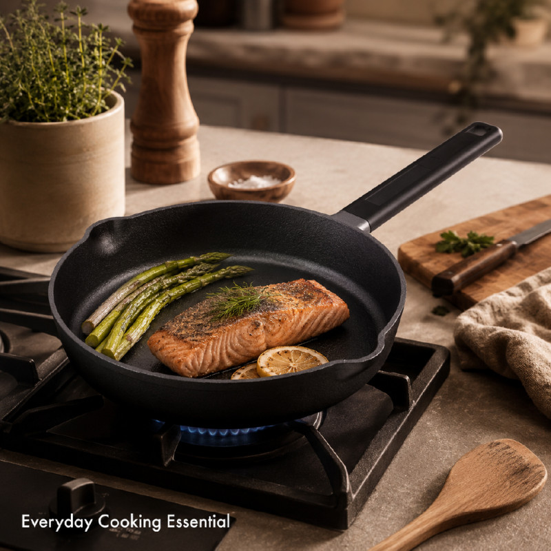 Oigen Palma Cast Iron Frying Pan with Black Finish – 43.5 x 24 cm – Black