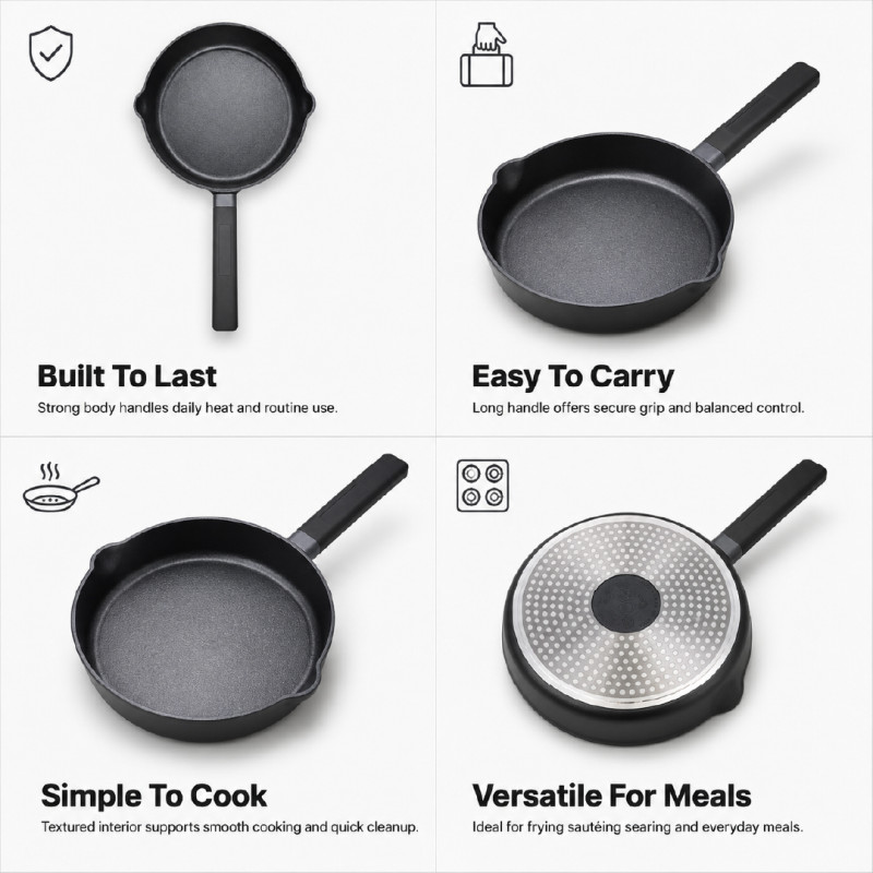 Oigen Palma Cast Iron Frying Pan with Black Finish – 43.5 x 24 cm – Black