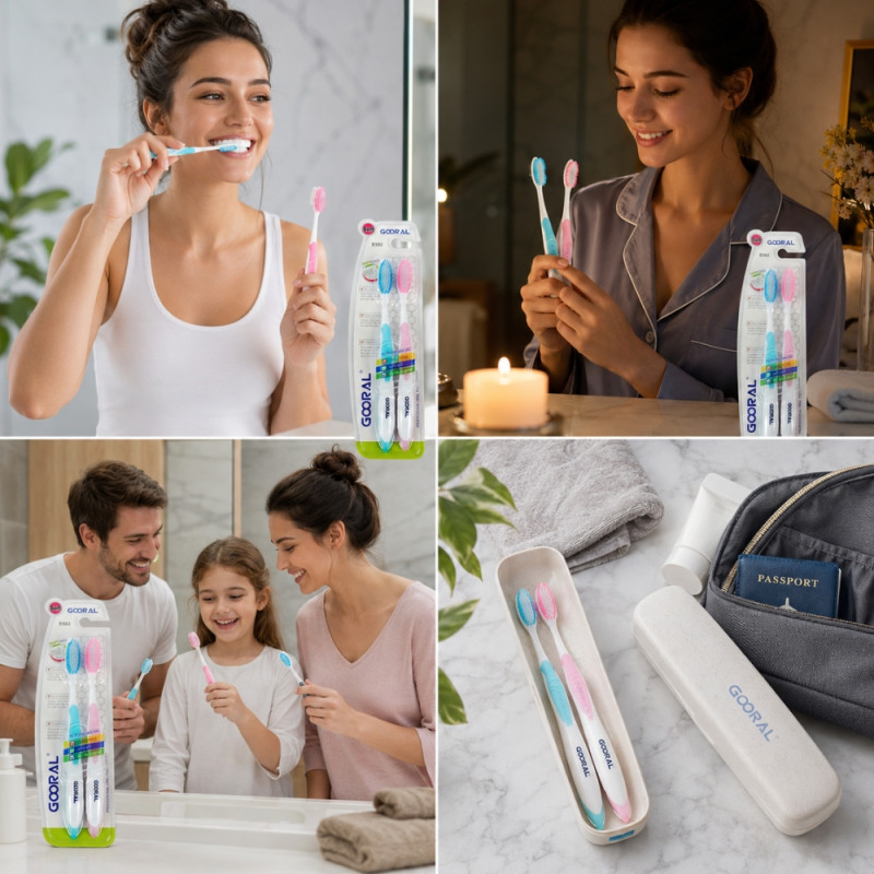 Zen model soft twin pack toothbrush featuring ultra-fine bristles and a designed handle for professional oral care – Cyan & Light Pink (18.5cm)