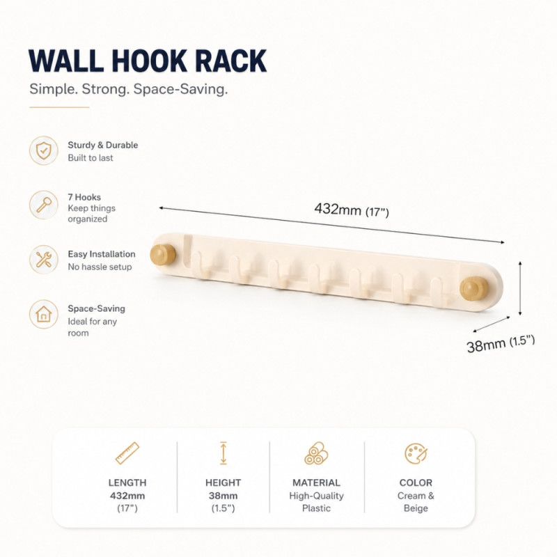 Bold Make Wall-mounted Hook Rack Designed for Smart Storage & Organization – Beige (H-38, W-38, L-432 MM)