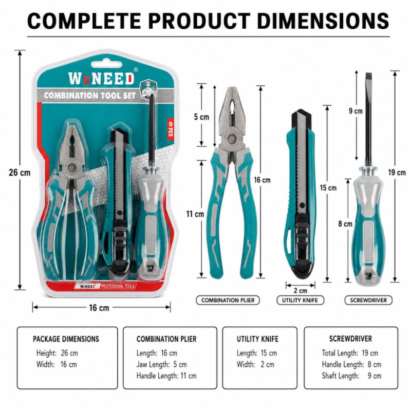 Supreme Charm Tool Set Designed for DIY Projects &amp; Professional Work – Teal (H-16, H-15, H-19 CM)