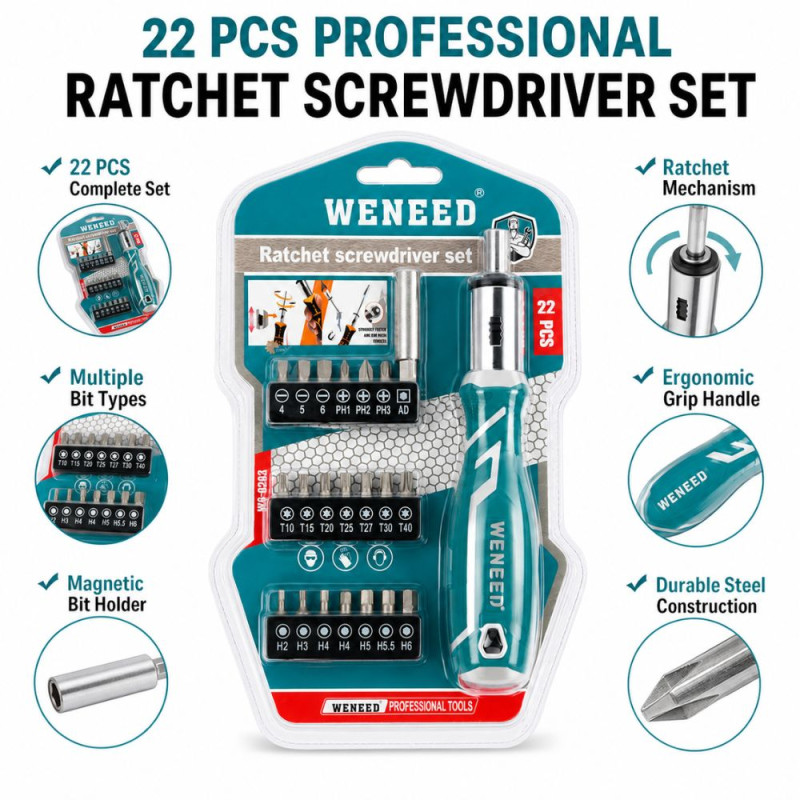 Pro Shine Ratchet Screwdriver Set Designed for DIY Projects &amp; Professional Work – Teal (H-17 cm)