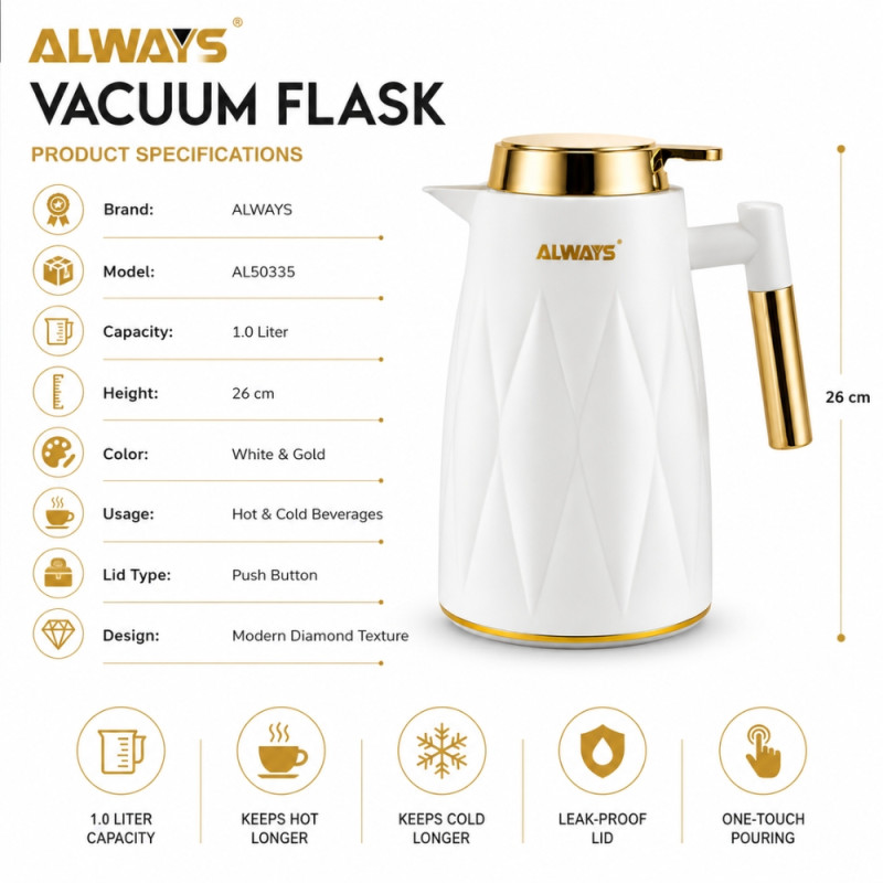 Expert Build Vacuum Flask Designed for Temperature Retention &amp; On-the-Go – White (H-26)