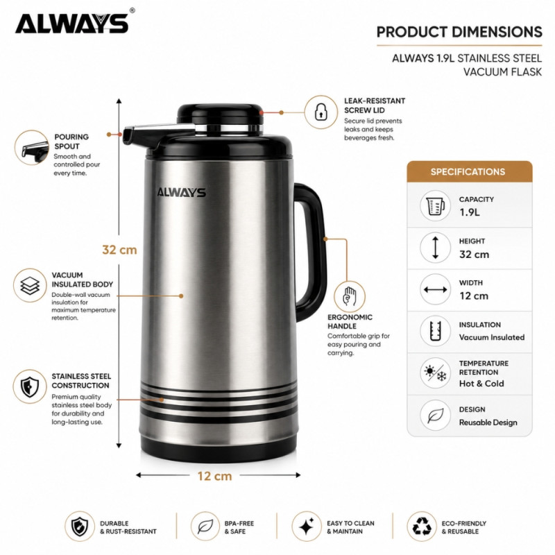 Quality Vacuum Flask – Silver Premium Quality (32x12cm)