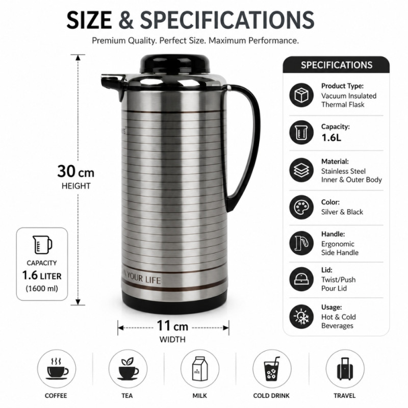 Deluxe Vacuum Flask – Silver Premium Quality (30cm)